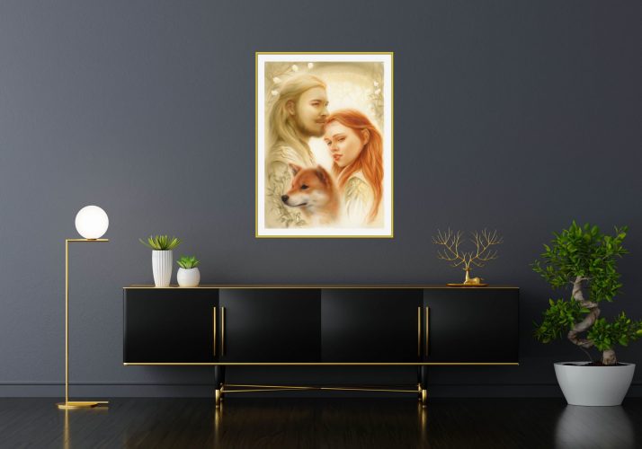 Sideboard in black living room with picture frame mockup, 3D rendering